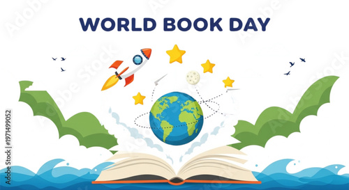 World Book Day Kids Illustration Open Book Globe Rocket Stars Imagination Learning Discovery Flat Design