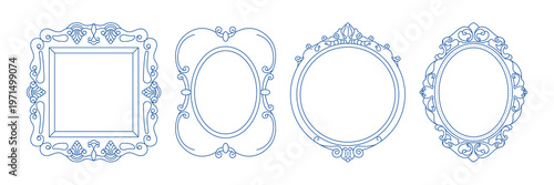 Antique ornate picture frames. Vintage decorative mirror borders, artistic rococo baroque filigree photo frame elements, classic fancy luxury design. Vector linear set