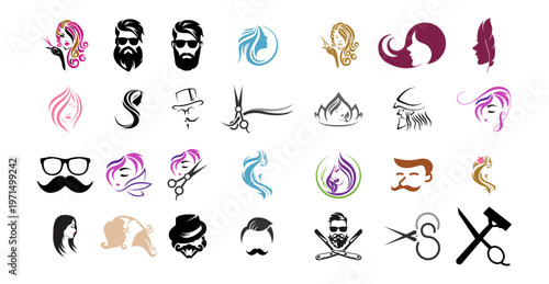 A collection of colorful barber and hairstylist icons on a white background