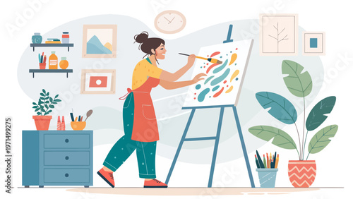 Young woman artist painting abstract canvas in studio with colorful brushes and plants