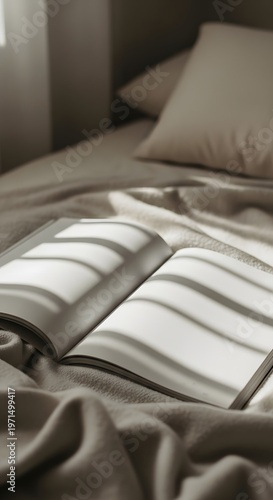 A serene open book rests gently on a warm, inviting bed, bathed in natural light and distinct shadow patterns from a window blind, fostering quiet reflection