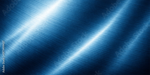 A shiny brushed metal texture with blue abstract light reflections on a silver stainless steel surface creates a sleek metallic backdrop design