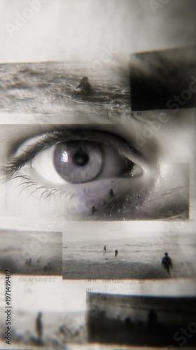 A surreal photo features a close-up of an eye overlaid with ocean scenes, creating a dreamy, artistic effect.