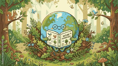 Illustration of a book with a globe nestled in a lush forest surrounded by vibrant trees flowers and butterflies emphasizing nature and education harmony
