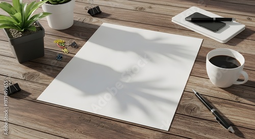 Clean wooden desk setup with blank paper, hot coffee, stylish pen, and green plant, illuminated by natural light for focused work and creative vision