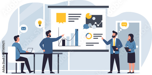 Business team presenting on whiteboard in modern office with blue color scheme in flat design for corporate presentation