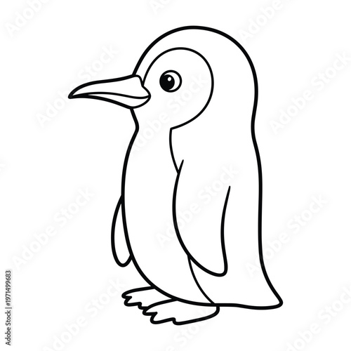 A simple black and white line drawing of a cute cartoon penguin standing sideways for coloring