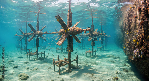 An underwater view of artificial reef structures in the ocean