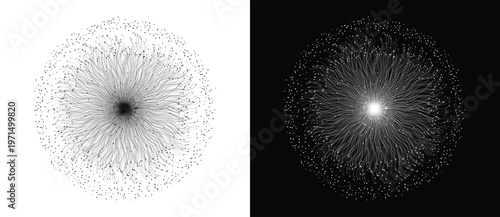 Spiral vortex radial burst of swirling curved lines with scattered dot particles from glowing center on white and black backgrounds. Monochrome vector illustration for galaxy, energy and cosmic design