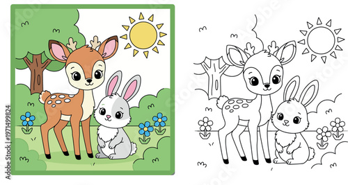 Cute Cartoon Fawn and Bunny in a Sunny Forest Glade