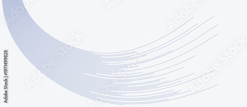 Parallel blue lines sweeping in smooth quarter-circle arc from tight bundle to spread formation on light gray background. Minimalist vector illustration for technology and modern design concepts.