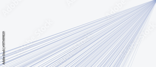 Dense fan of blue lines converging to single vanishing point in upper corner on light gray background. Minimalist perspective vector illustration for speed, technology, data flow and modern design con
