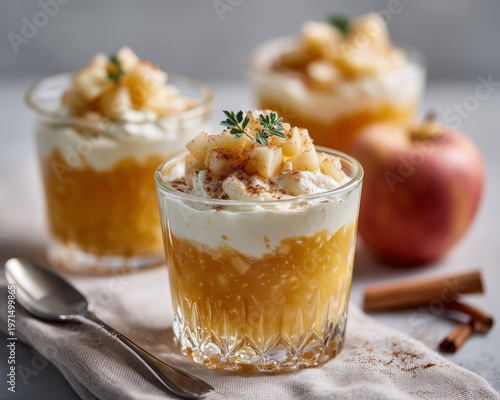 Elegant dessert glass filled with layers of apple, cream, and cinnamon, perfect for autumn gatherings and sweet indulgence.