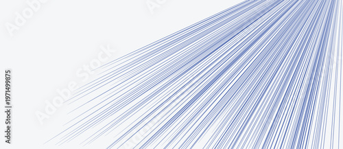 Dense diagonal blue lines radiating as spreading fan from upper right corner on light gray background. Minimalist vector illustration for data flow, speed, energy burst and modern technology design.