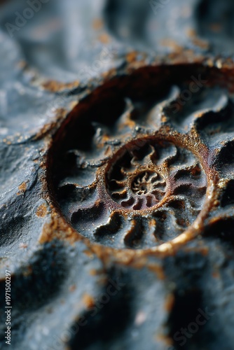 Detailed image of a fossilized ammonite shell, showcasing spiral patterns and textured surface, perfect for educational and scientific use.