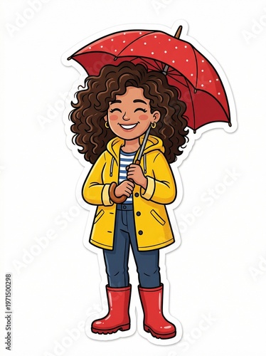 Cheerful cartoon woman in raincoat with umbrella. Versatile sticker for weather and lifestyle themes.
