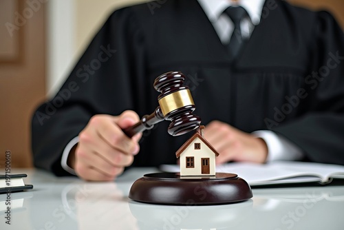 Close-up image of judge with gavel and house model on desk representing real estate legal disputes and property transactions.