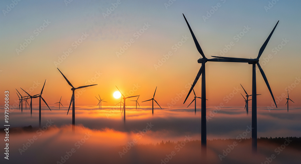Fototapeta premium A serene landscape of wind turbines at sunset with foggy surroundings