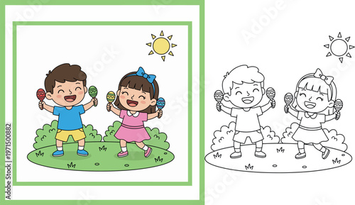 Cute Cartoon Kids Playing Maracas in a Sunny Outdoor Setting