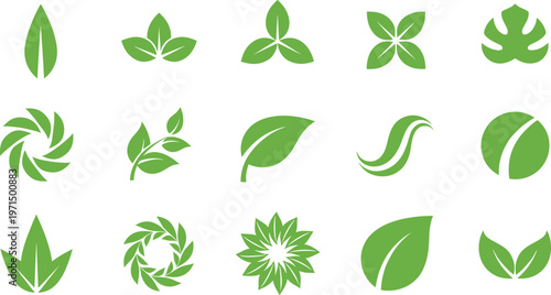 Leaf and plant icon collection with eco nature growth organic botanical decorative artwork, green vector template set