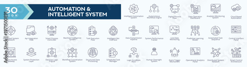 Automation and Intelligent System icons collection vector images Thin Line set.
containingai intelligent automation system, autonomous workflow engine, digital process flow and more. for Web icons set