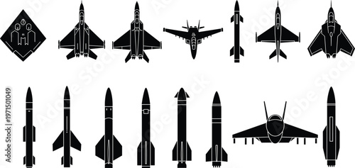 military aircraft, fighter jet, jet fighter, missile, rocket, military, army, air force, aviation, aircraft, airplane, war, weapon, defense, attack, combat, rocket icon, missile icon, 