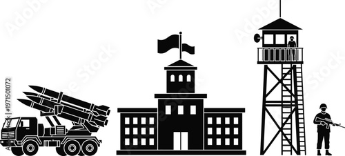Military base icon collection with missile launcher watchtower soldier defense security artwork, black vector template set