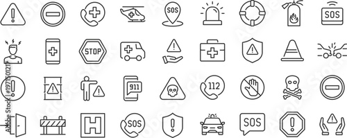 Emergency web 36 icons in line style. Evacuation, SOS emergency call, ambulance, help, emergency hotline, exit, collection. Editable stroke.