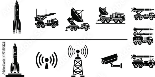 Military Defense System Icon Set Featuring Missile Launcher Trucks Radar Vehicles Ballistic Rockets Surveillance Cameras and Communication Towers for Security Operations