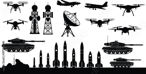 Military drones tanks missiles surveillance silhouette illustration, defense technology artwork, modern warfare design concept, black and white vector template set