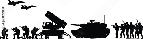 Military force silhouette illustration with jets soldiers tank missile launcher, defense technology artwork, warfare design concept, black and white vector template set