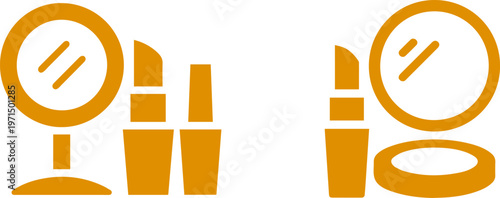 Set of cosmetic icons featuring lipsticks, mirrors, and powder compacts, symbolizing beauty, makeup application, and personal grooming for a modern, stylish aesthetic.
