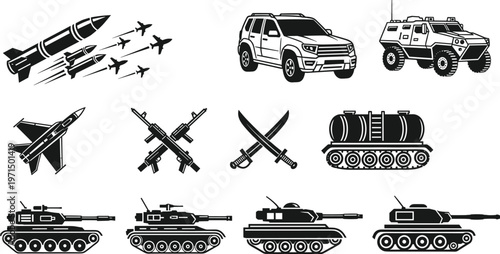Military vehicle icons set, army transport silhouettes, tanks aircraft weapons icons, war equipment vector, military icon collection design