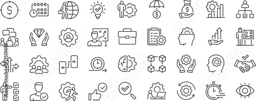 Operations management web 36 icons in line style. Logistics, business process, maintenance, supply chain, improvement, planning, collection. Editable stroke.