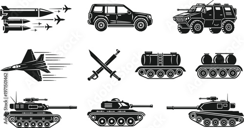 Military vehicle icons set, army transport silhouettes, tanks weapons aircraft icons, war equipment vector, military icon collection design