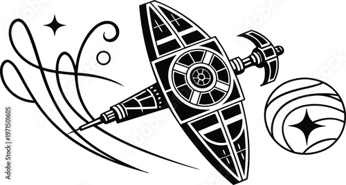 Stylized vector illustration of a futuristic starship flying through space