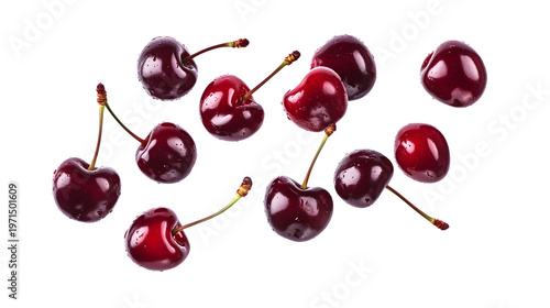 Fresh red cherries with stems falling down