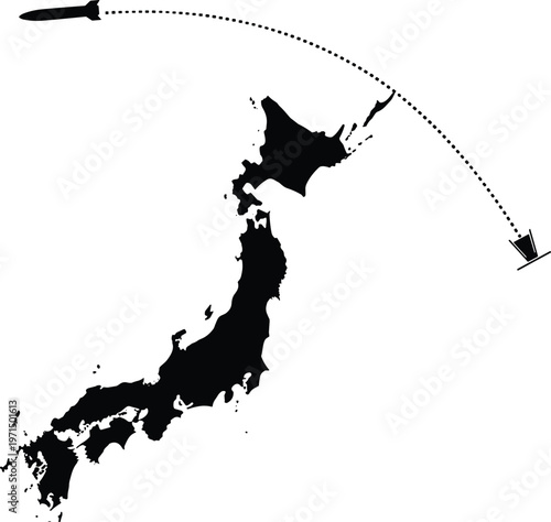 Missile trajectory map, Japan map silhouette, ballistic missile path illustration, military attack route vector, war concept map illustration