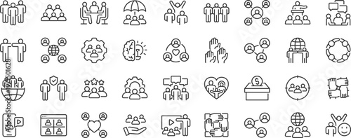 Modern Community web 36 icons in line style. People, family, friendship, community, neighborhood, inclusion. Editable stroke.
