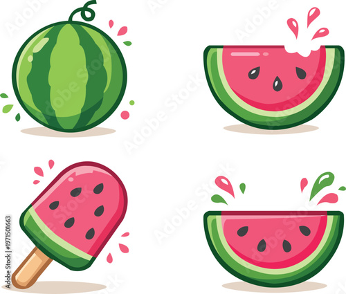 Fun and modern watermelon silhouette icons with small splash elements and seeds
