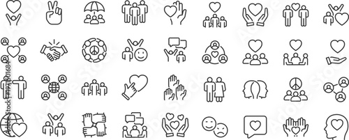 Friendship web 36 icons in line style. Interaction, friend, relationship, mutual assistance, social responsibility, buddy, love, collection. Editable stroke.