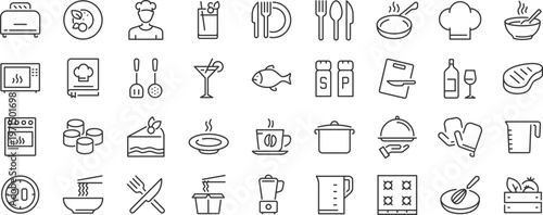 Cooking web 36 icons in line style. Frying pan, fork, knife, recipe book, microwave, collection. Editable stroke.