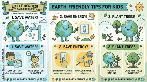 Illustrated infographic of eco friendly tips for kids featuring three earth characters with advice on saving water energy and planting trees with a bright playful design