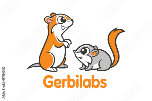Two cartoon gerbils standing and sitting with text gerbilabs with the gerbils are stylized with large eyes and cheerful expressions with white background with cute animal with digital art