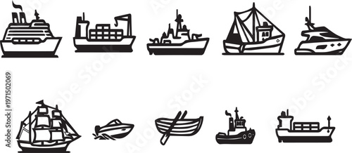Ships and Boats Icons Set Vector Illustration with Marine Transport Line Design