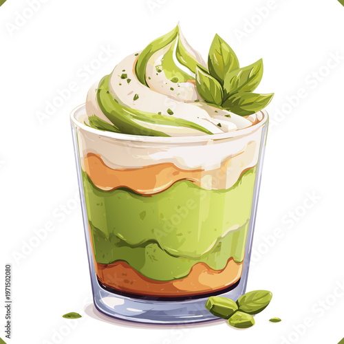 Vector illustration of layered spinach tiramisu dessert in glass, isolated on white background