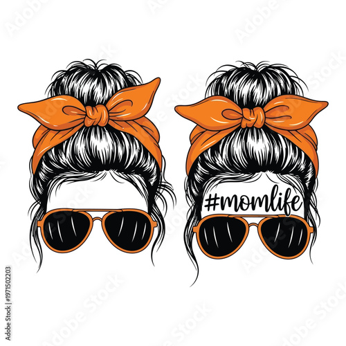 Messy bun mom life two watercolor illustrations with sunglasses and bows