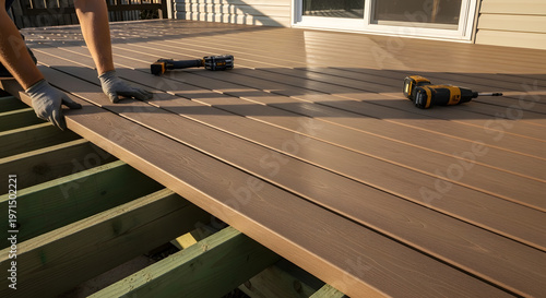 installing composite decking boards on wooden frame | diy backyard patio deck construction project | professional carpenter building modern outdoor terrace | home renovation maintenance