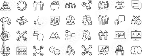 Human Interaction web 36 icons in line style. People, communication, chat, relationships, meeting, group, friends. Editable stroke.