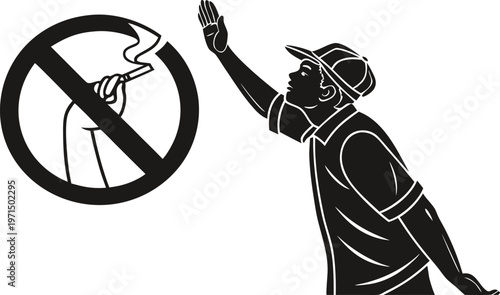 A man gesturing to stop smoking with a no smoking sign icon